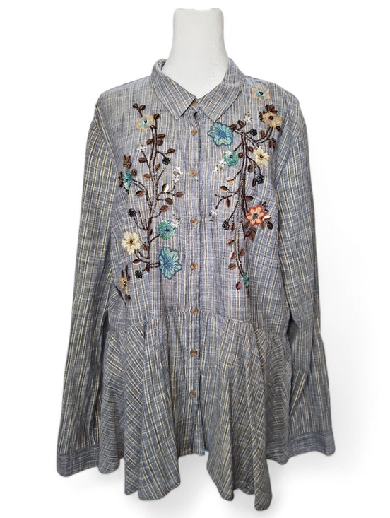 Anthropologie Tops - Anthropologie Embroidered Striped Peplum Blouse